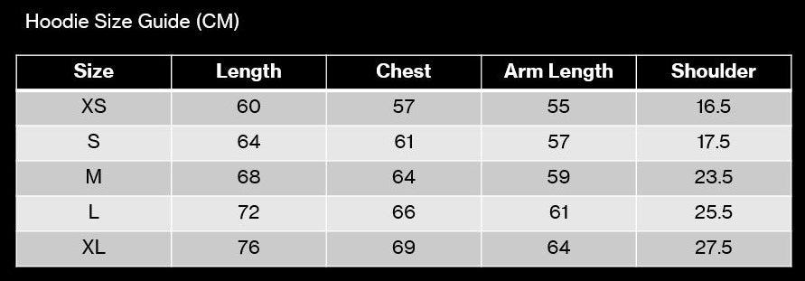 Hoodie size guide with measurements in centimeters on a black background