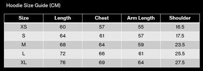 Hoodie size guide with measurements in centimeters on a black background
